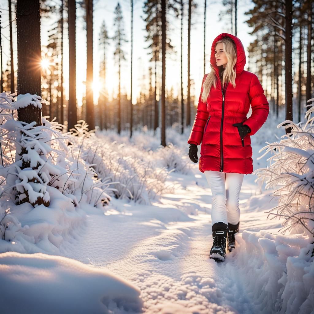 Swedish Woman Walking in Snowy Forest at Sunrise