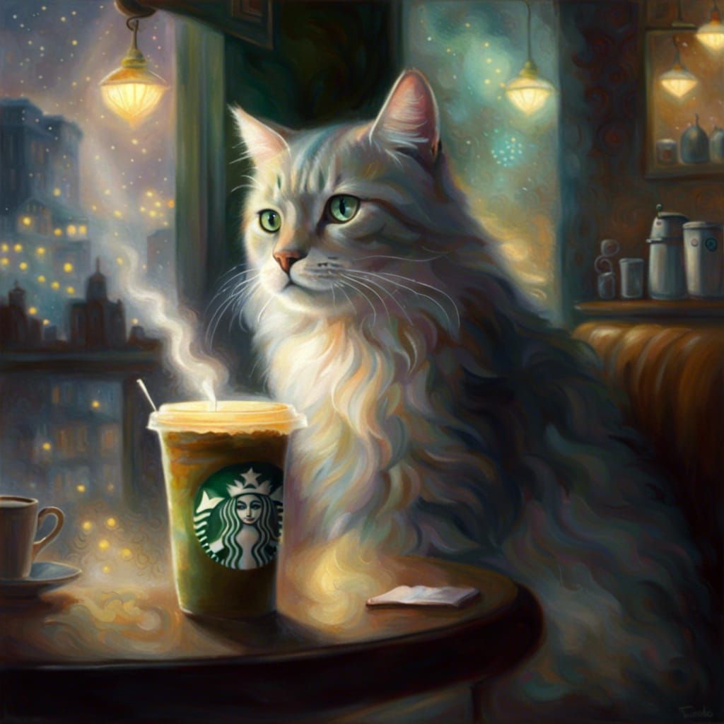 Cat in Starbucks: Ethereal Fantasy Art
