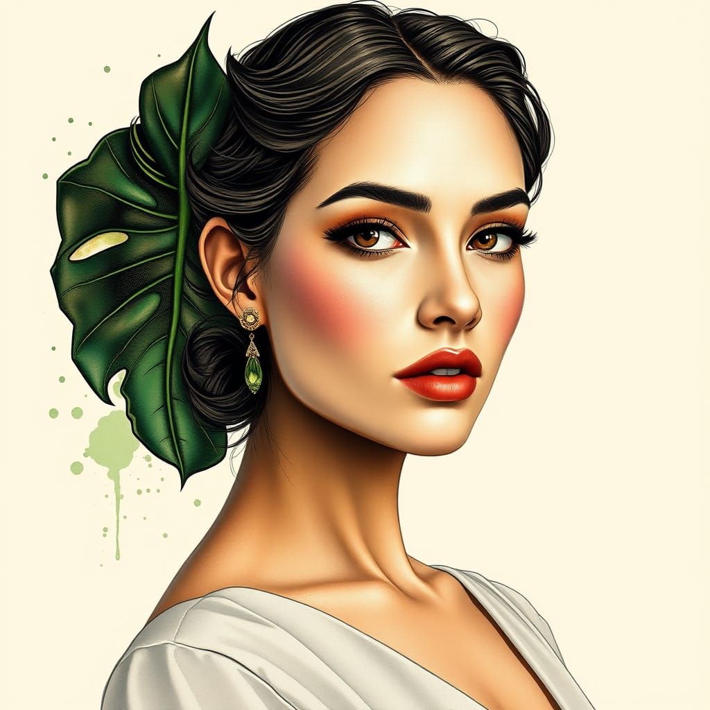 Elegant Woman Portrait with Monstera in Digital Art