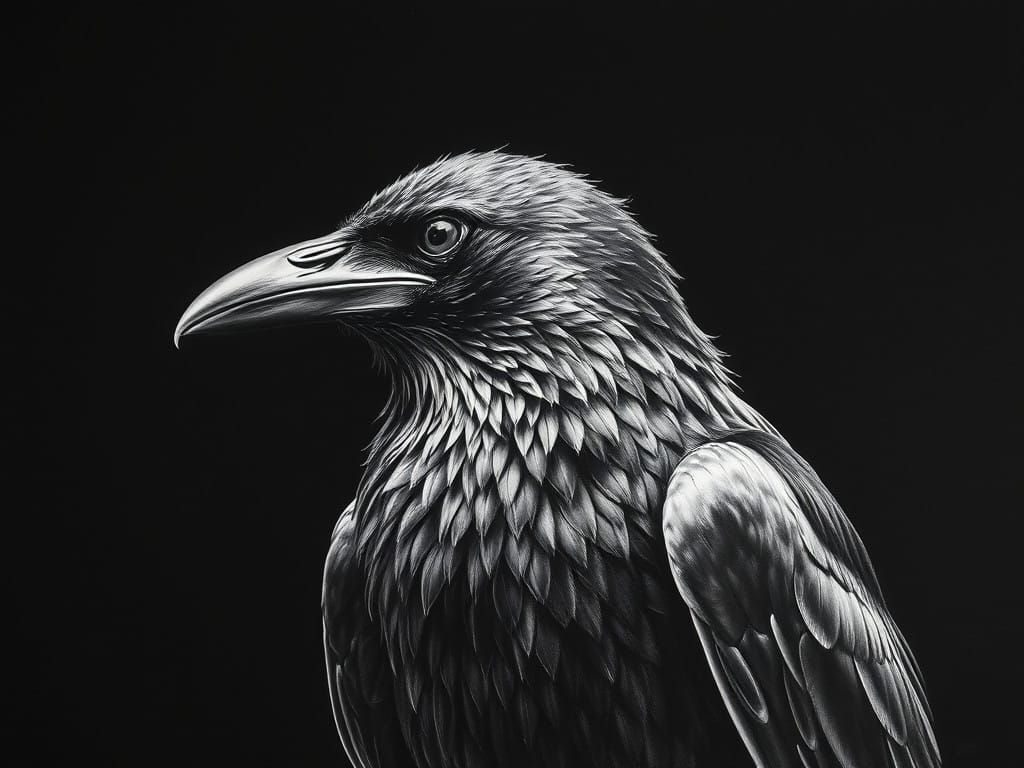 Mysterious Raven in Chiaroscuro Pencil Drawing