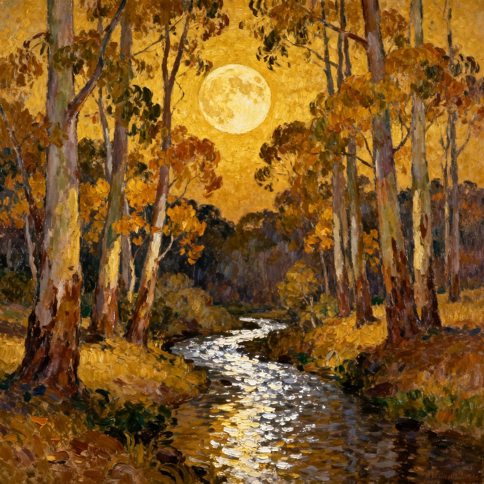 Golden harvest moon hanging over eucalyptus trees with a str...