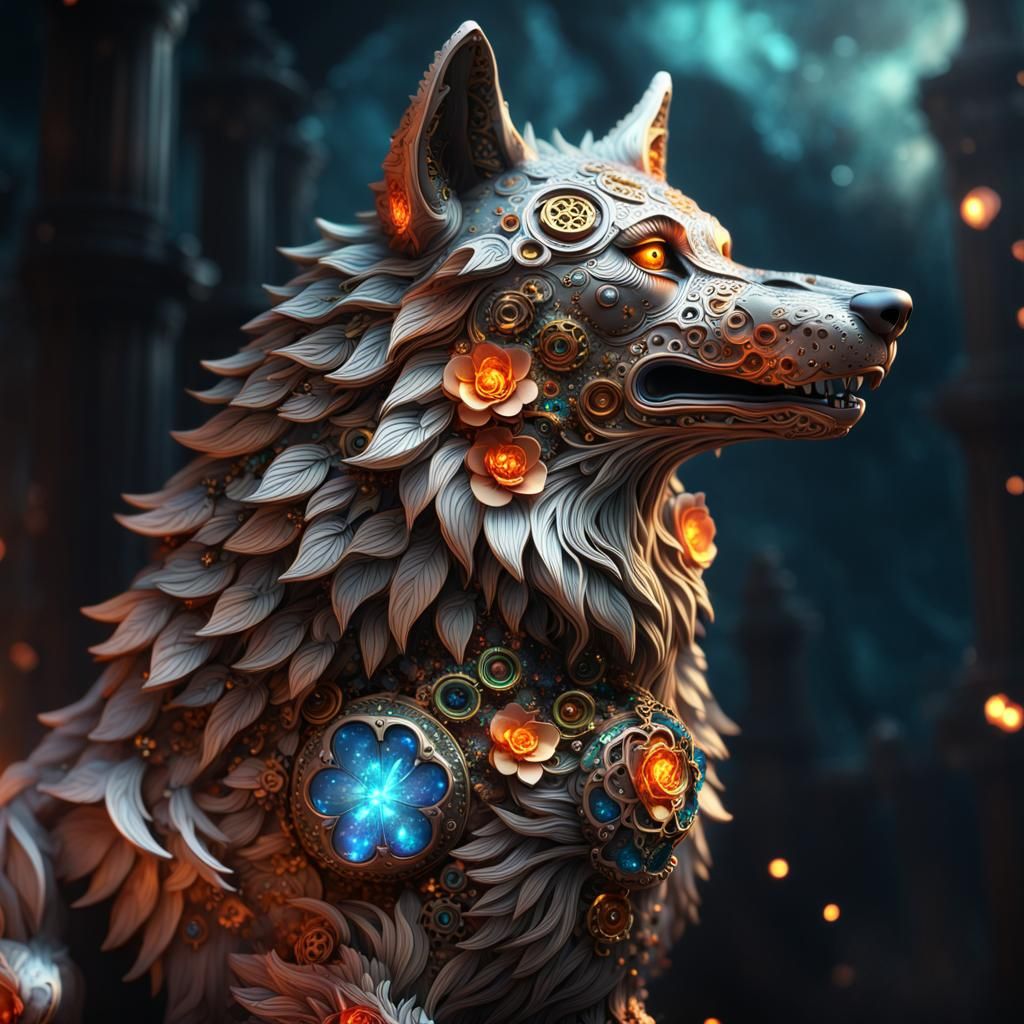 Steampunk Titanium Wolf with Glowing Jewels