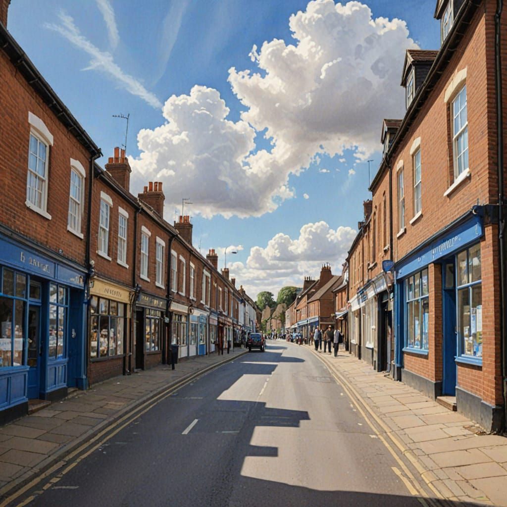Nostalgic English Village Street in Gouache Style