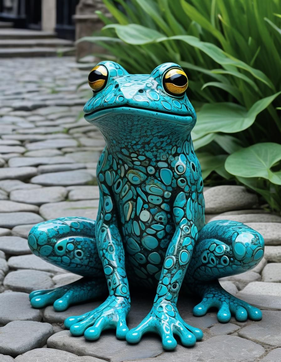 Abstract Turquoise Frog Statue on Zebra Cobblestones
