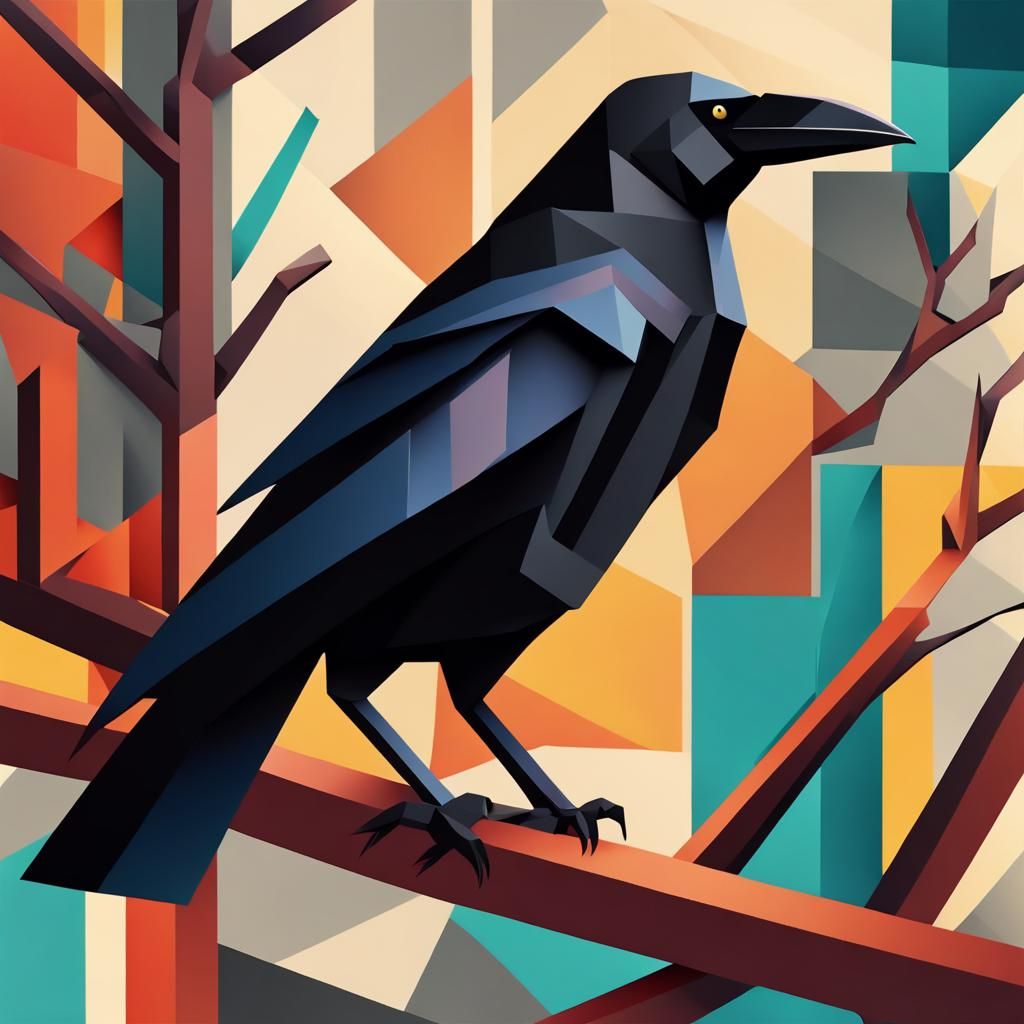 Cubist Crow on Branch in Geometric Art Deco Style