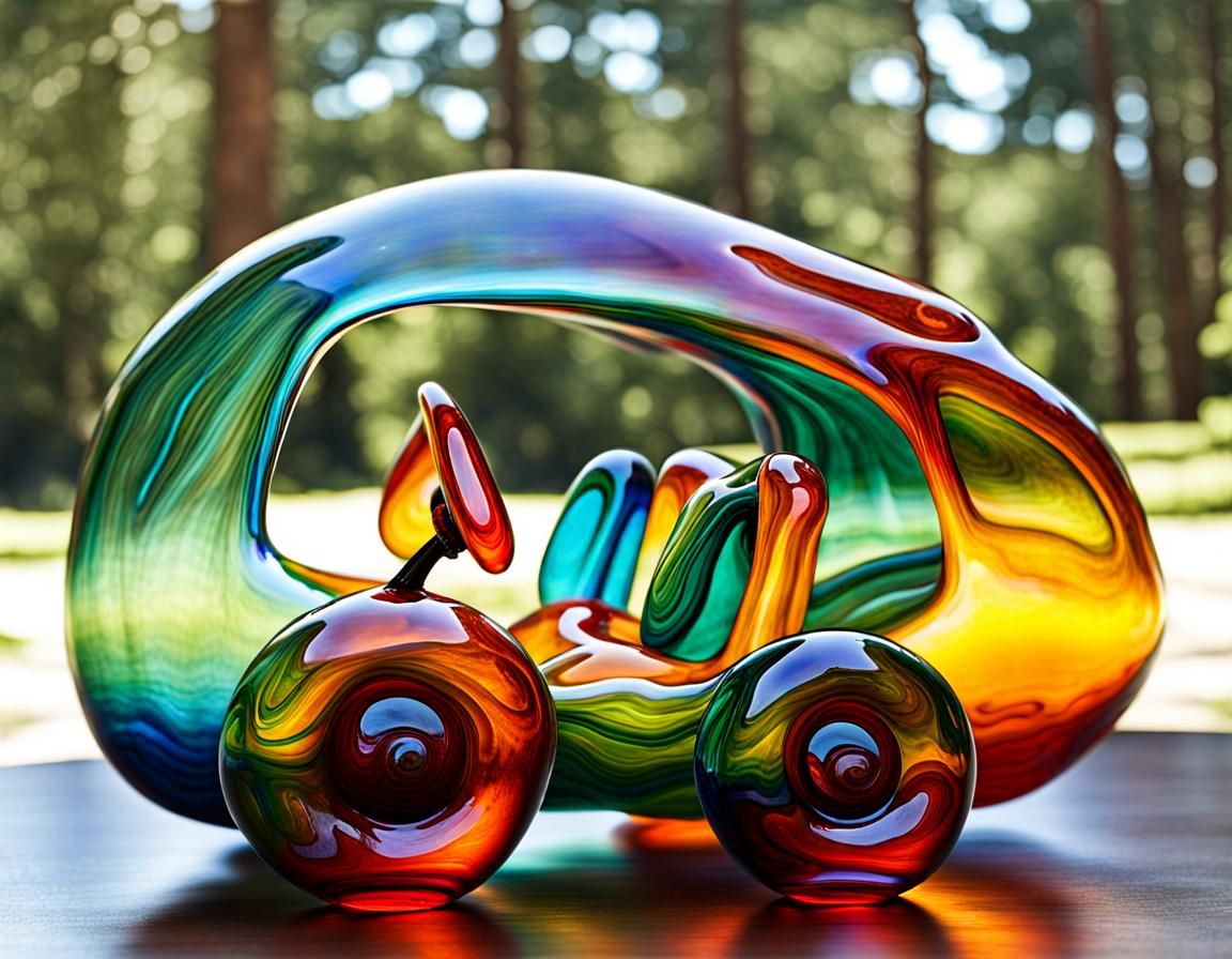 Hand-Blown Glass Flintstones Car Sculpture