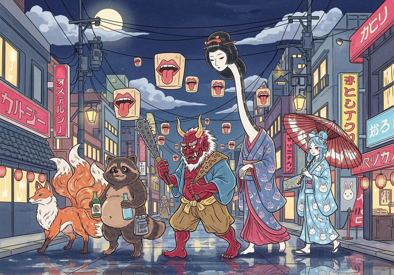 Yokai Parade in a Japanese Cityscape, Ukiyo-E Alcohol Ink St...