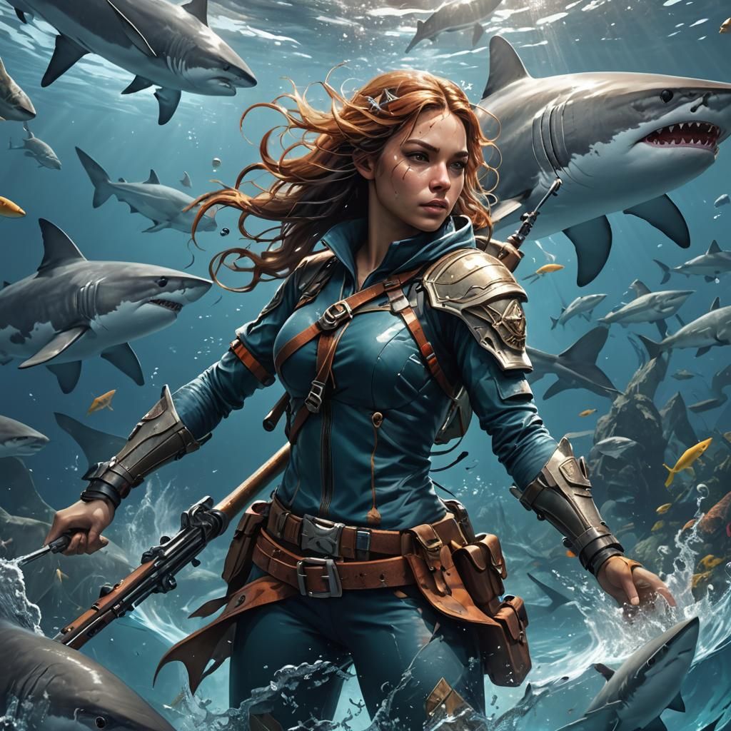 Underwater Shark Hunt: Hyperdetailed Concept Art
