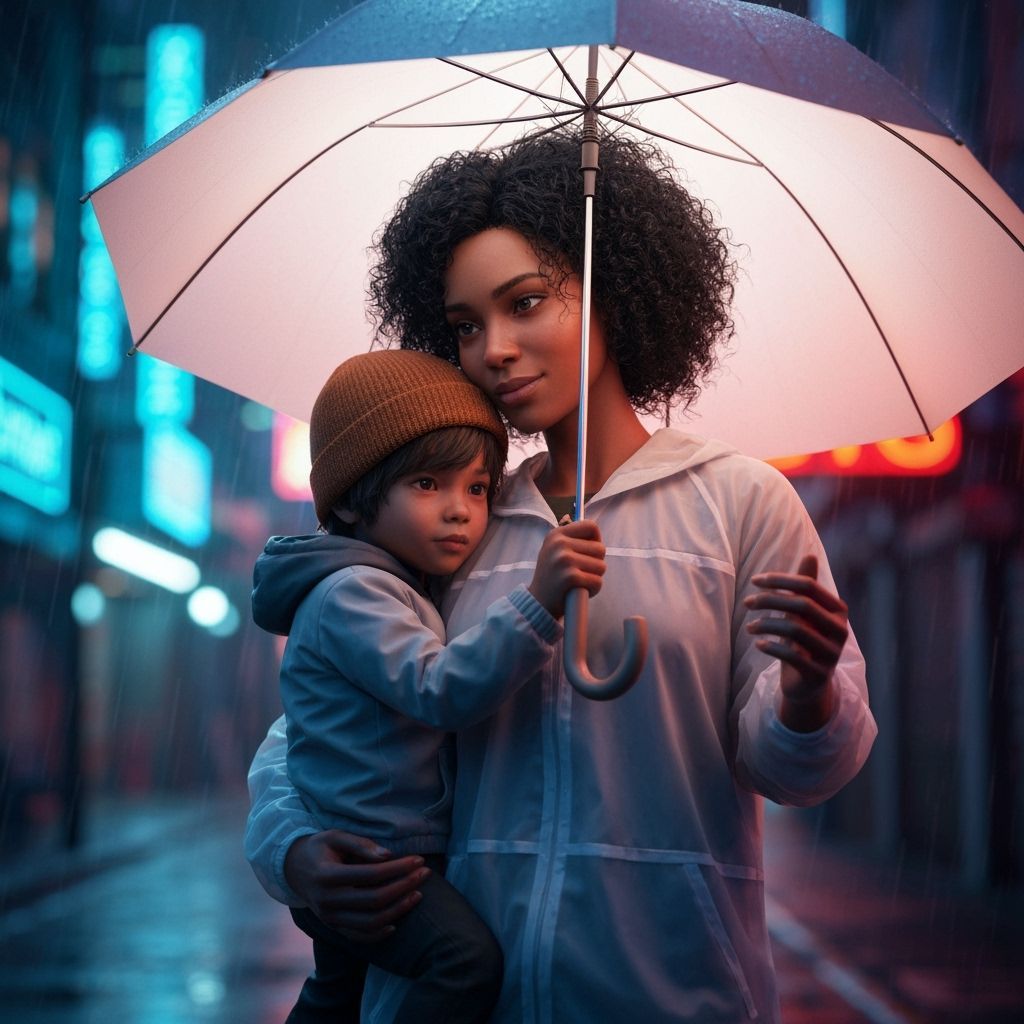 Mother and Child in Rainy Neon City, Cyberpunk Style