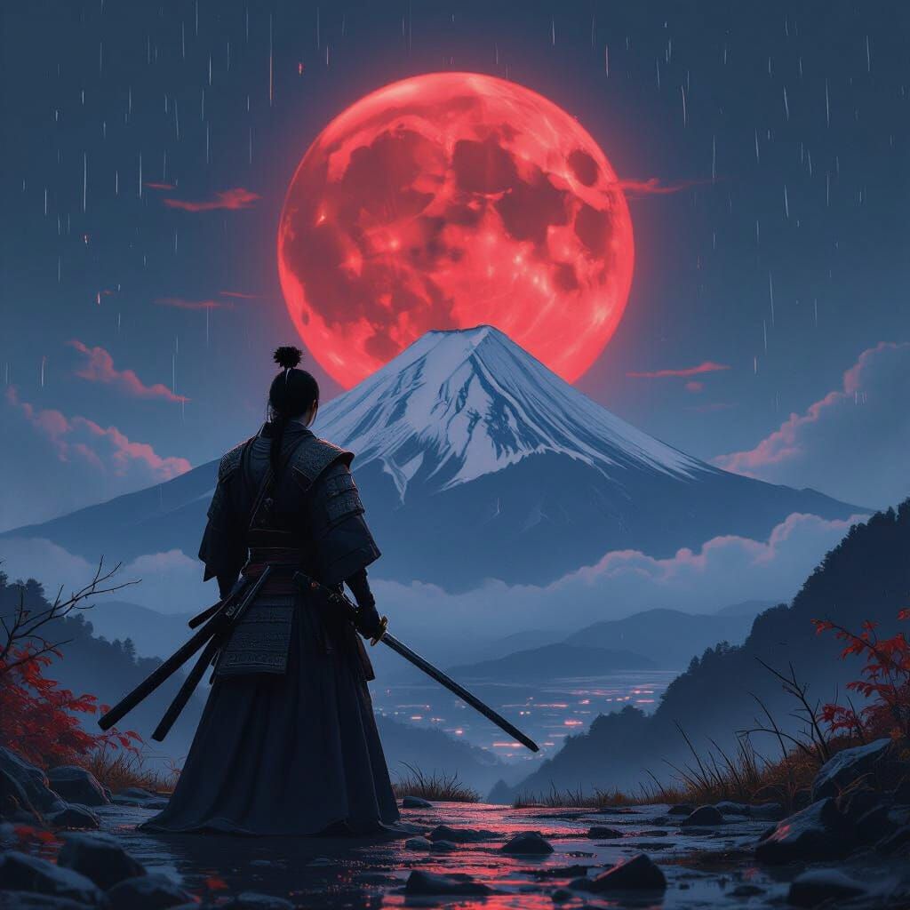 Samurai Facing Mount Fuji Under Crimson Moon