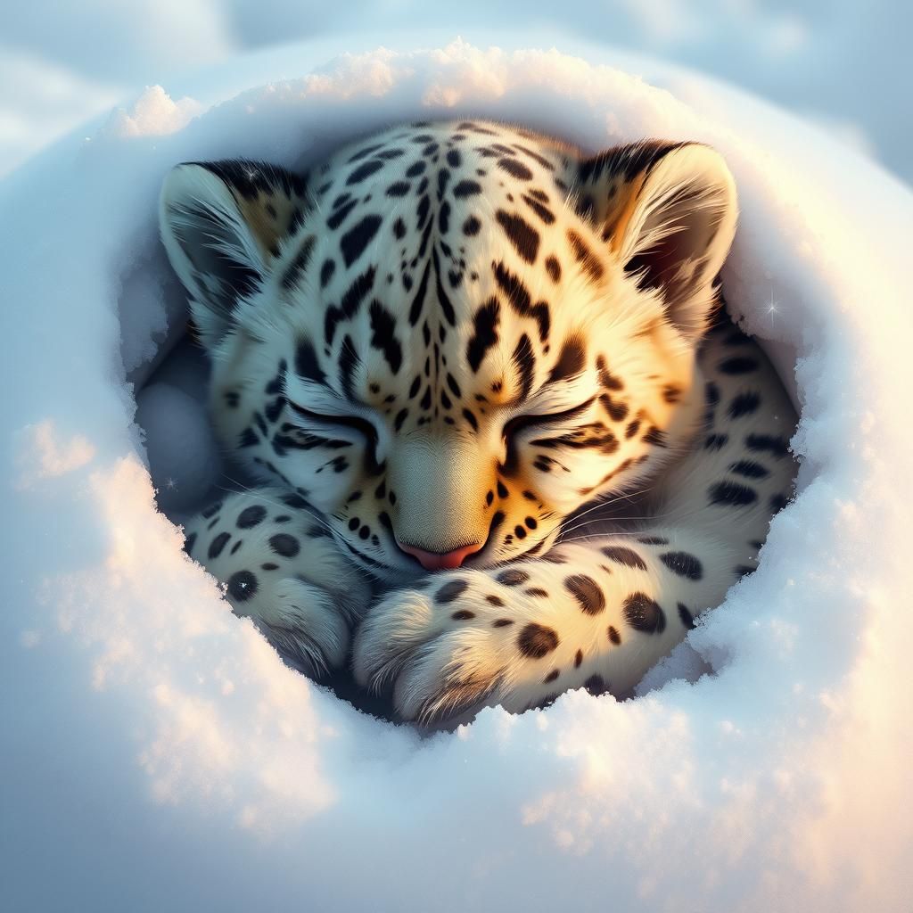 Sleeping Baby Snow Leopard in Winter Wonderland