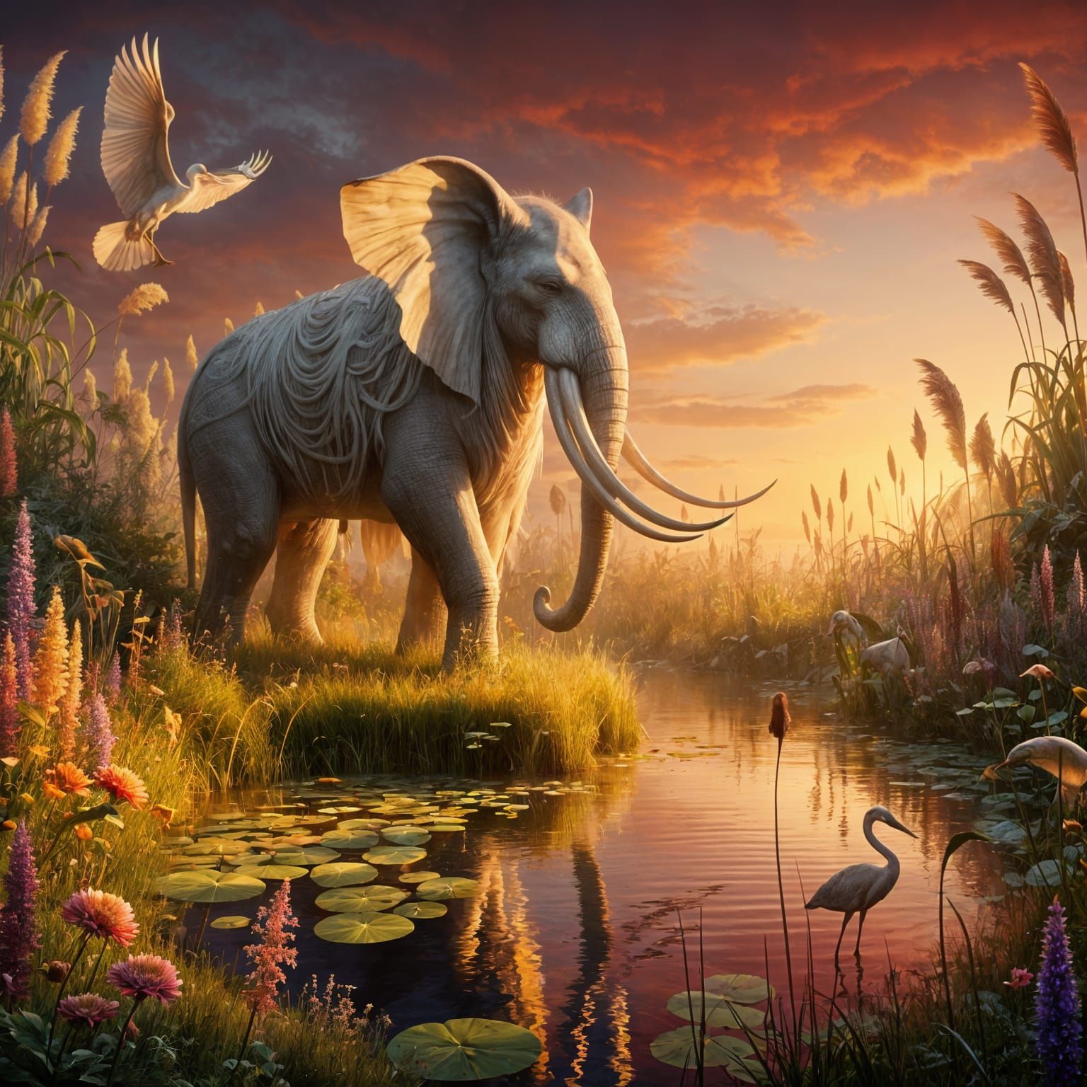 Whimsical Elephant Dolphin Heron Creature by Pond at Sunset