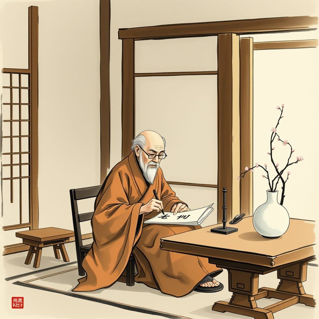 Serene Calligrapher in Minimalist Room, Literati Painting