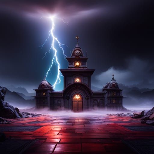 Fantastical Landscape with Lightning, Detailed Matte Paintin...