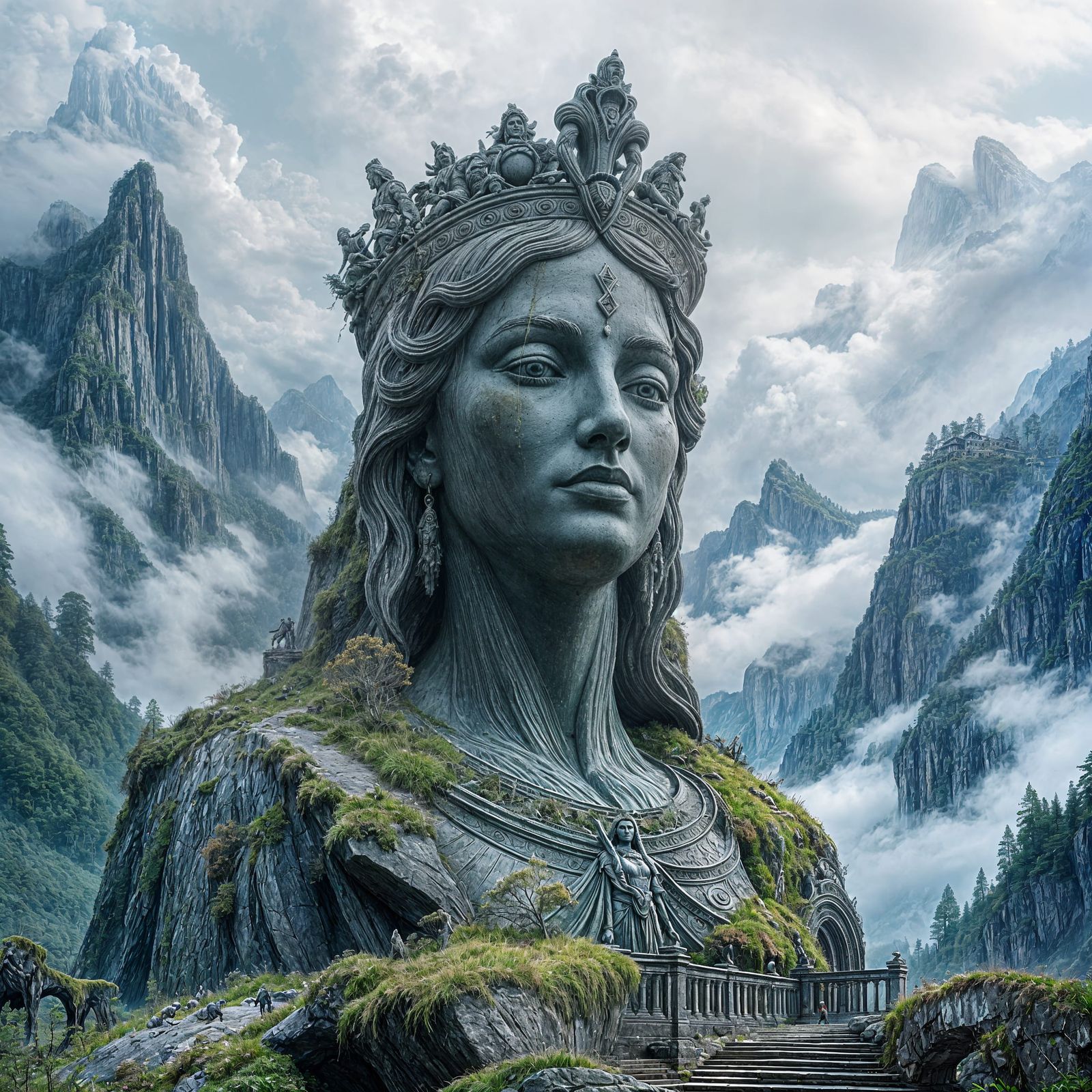 Epic Fantasy Queen Statue in Misty Landscape