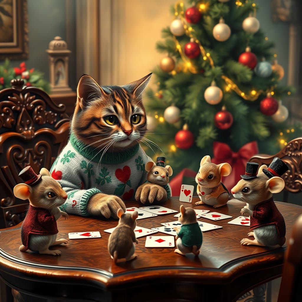 Whimsical Holiday Scene of Cat Playing Cards with Mice, in F...