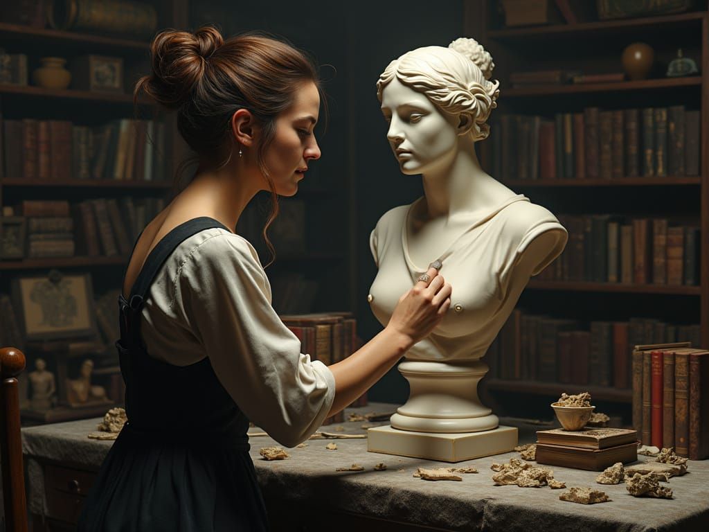 Renaissance Sculptor Carving Statue with Chiaroscuro Lightin...