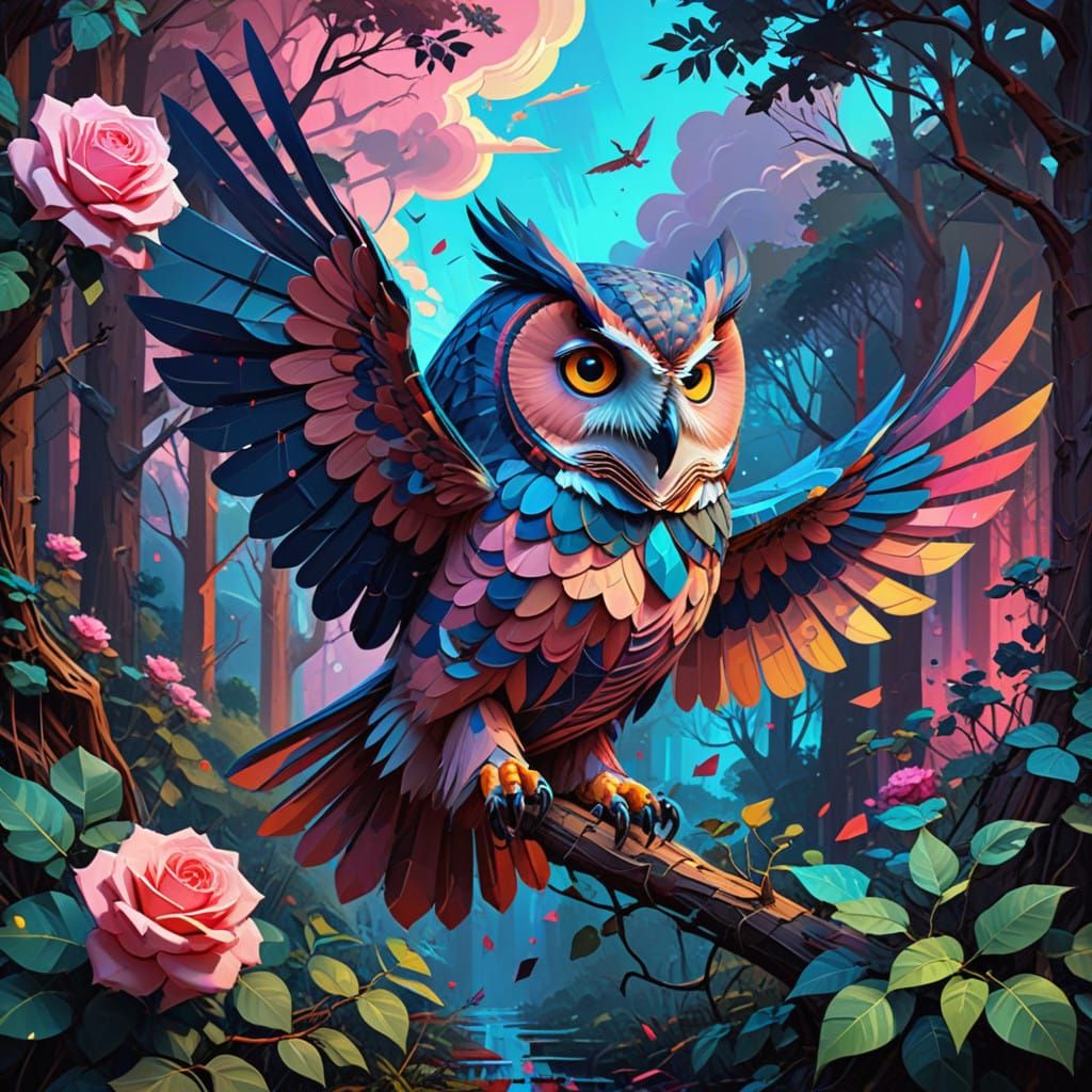 Surreal Cubist Owl Takes Flight Amidst a Whimsical Twilight...