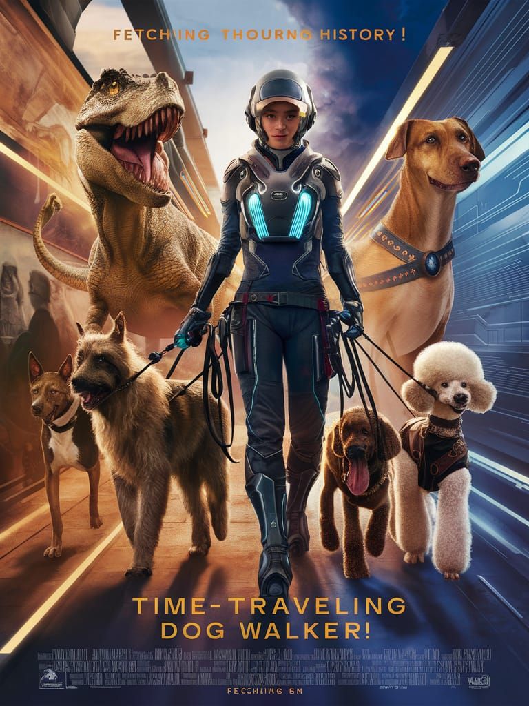 Movie Poster 
Title: "Time-Traveling Dog Walker"
