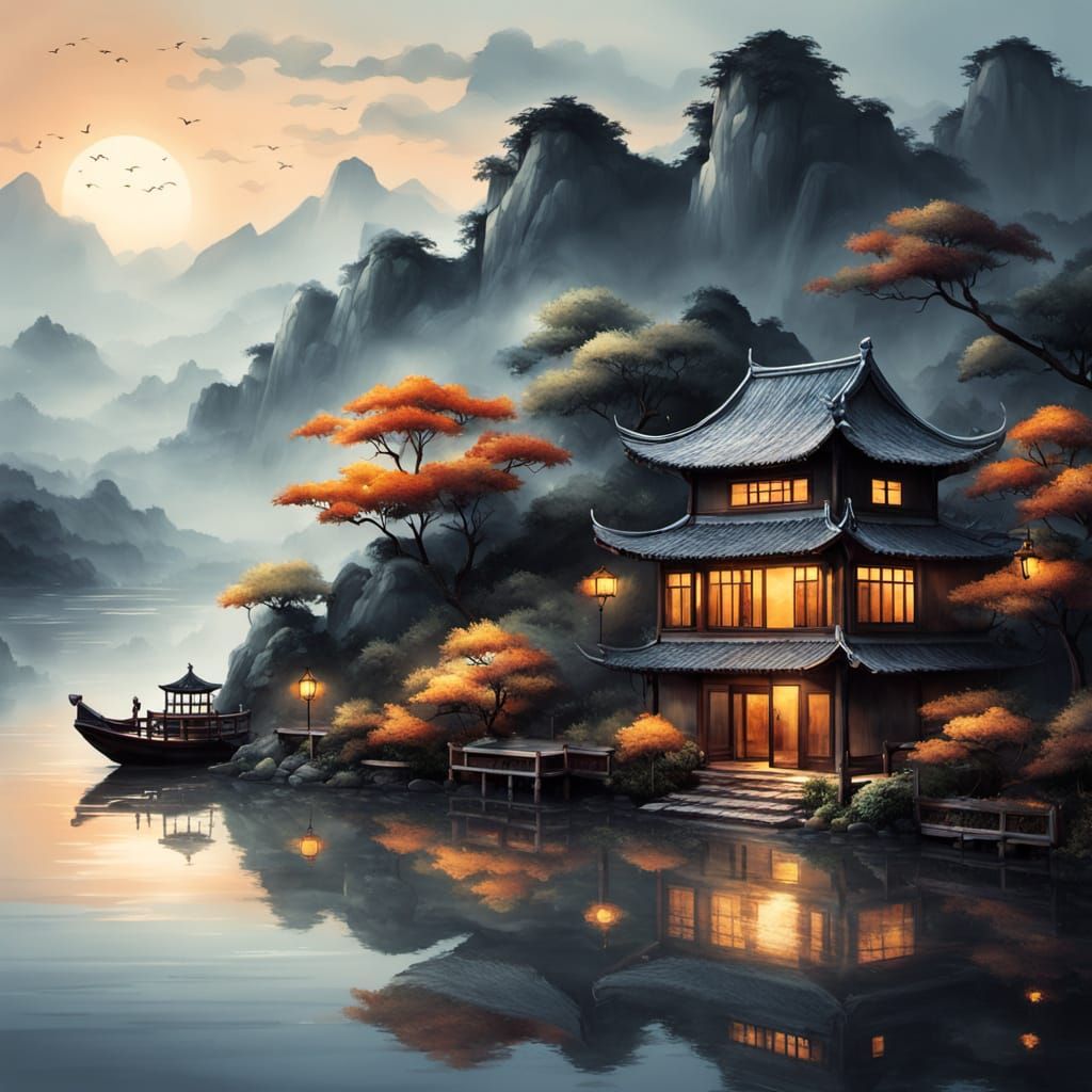 Traditional Chinese House Amidst Serene Water Reflections