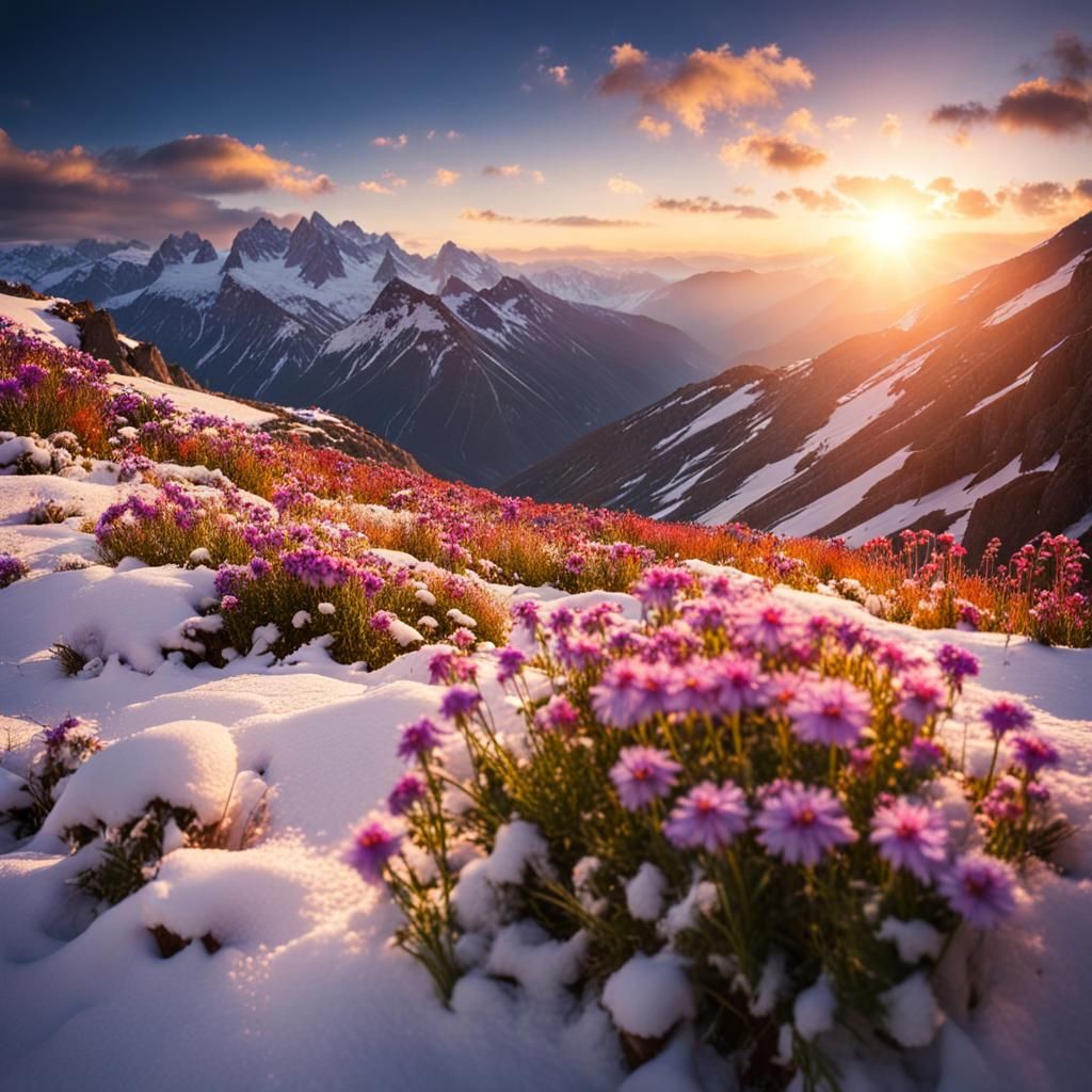 Mountain Sunset with Flowers and Snow