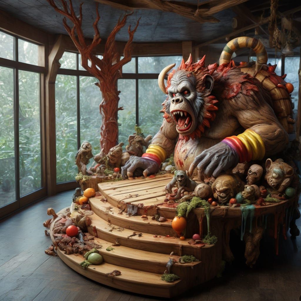 Surreal Zombie Monkey Monster Clown Bed in Hyperrealistic Sp...