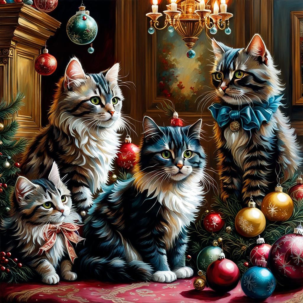 Victorian Cats Play with Christmas Ornaments