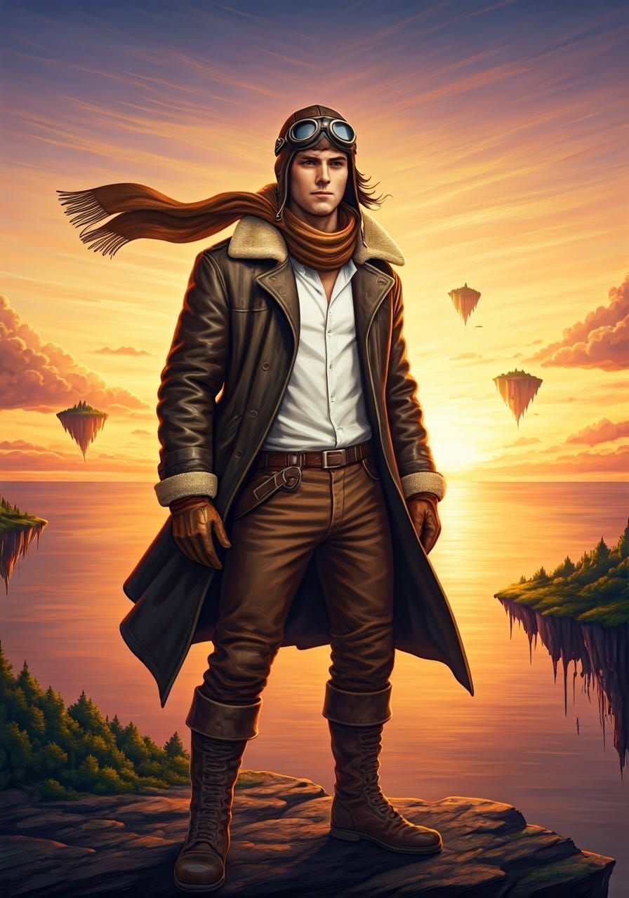 Heroic Adventurer Amidst Floating Islands, Dreamlike Surreal...