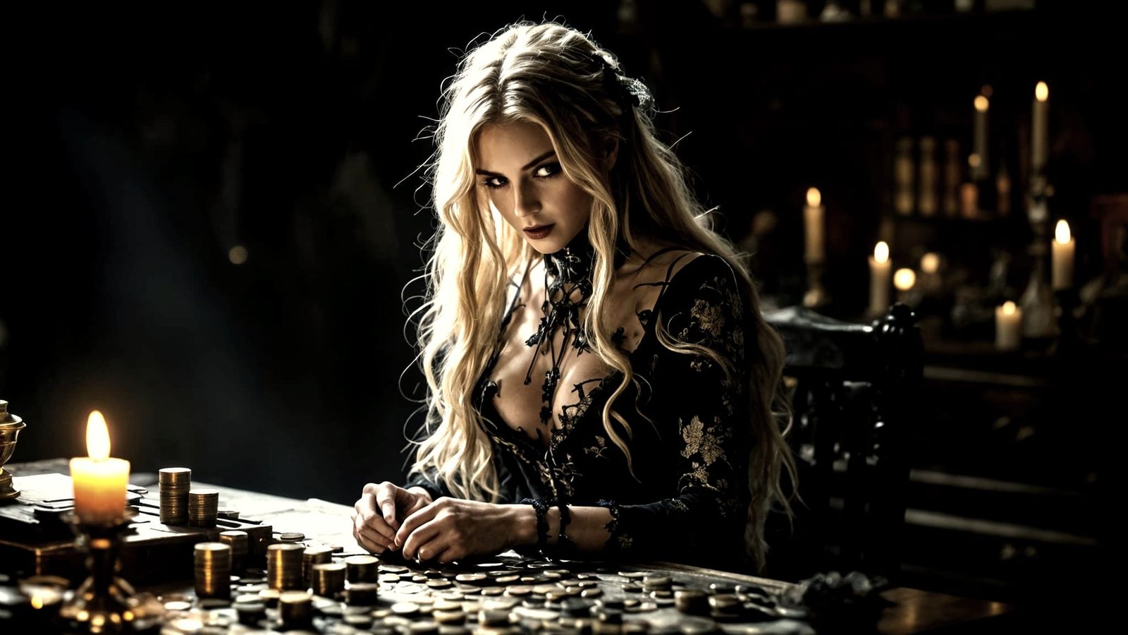 Gothic Blonde at Antique Desk by Candlelight