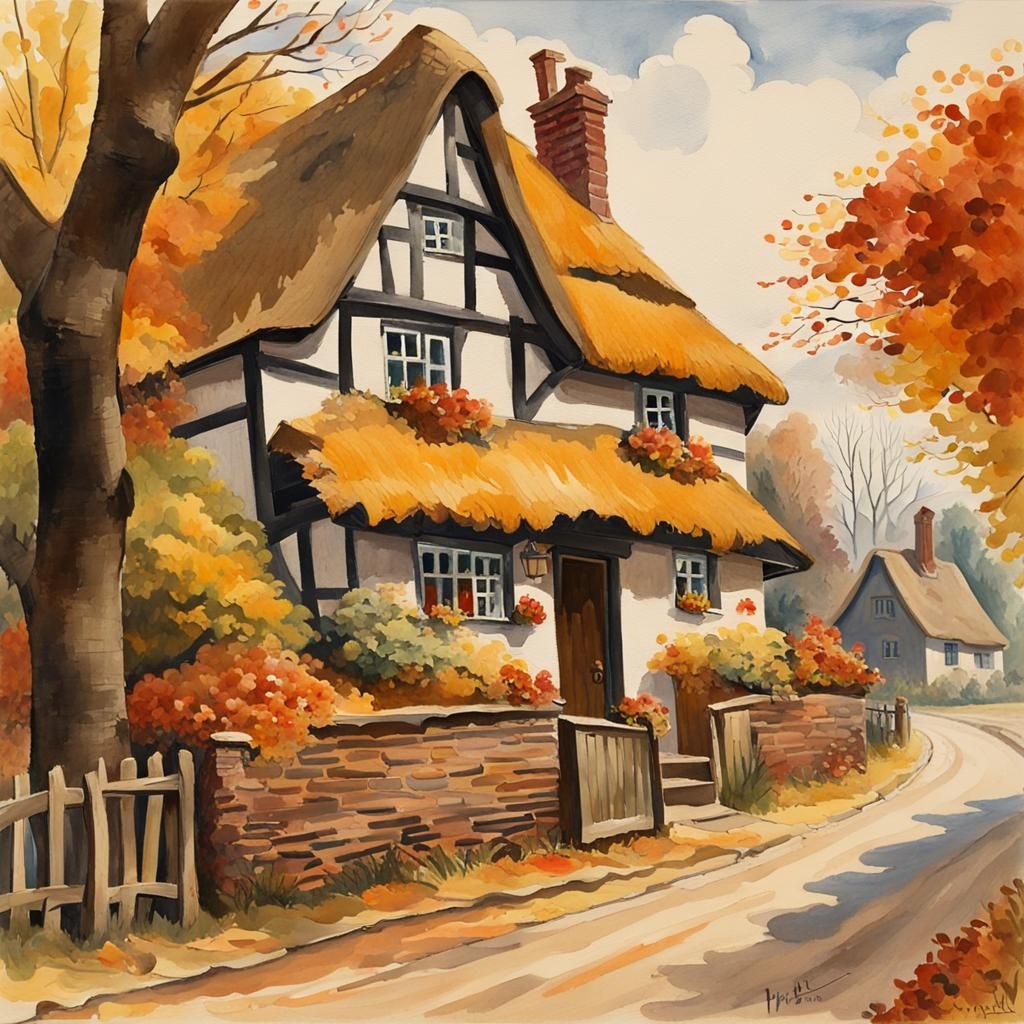 1940s Village Pub in Gouache Watercolor Style