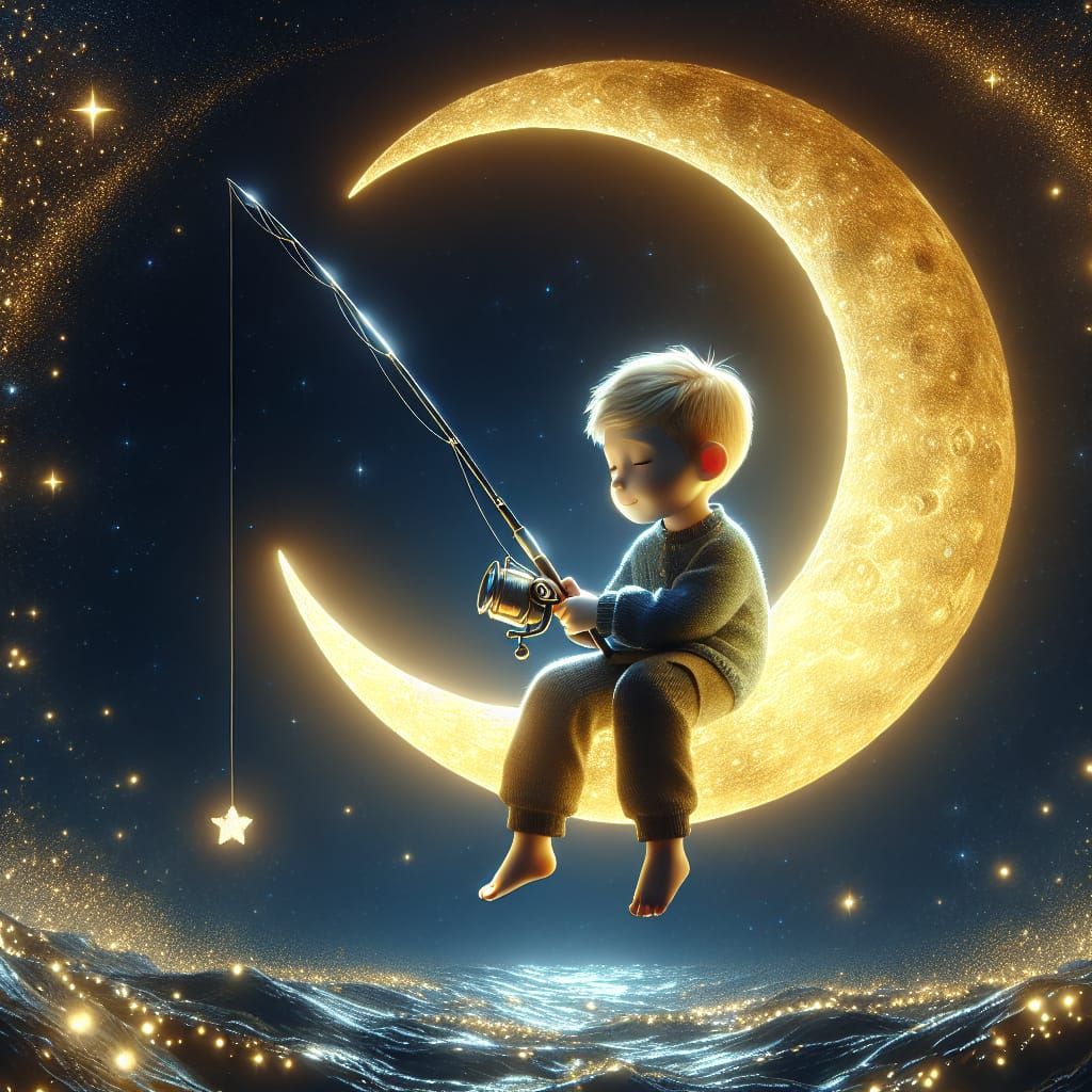 Boy Fishing for Stars on the Moon