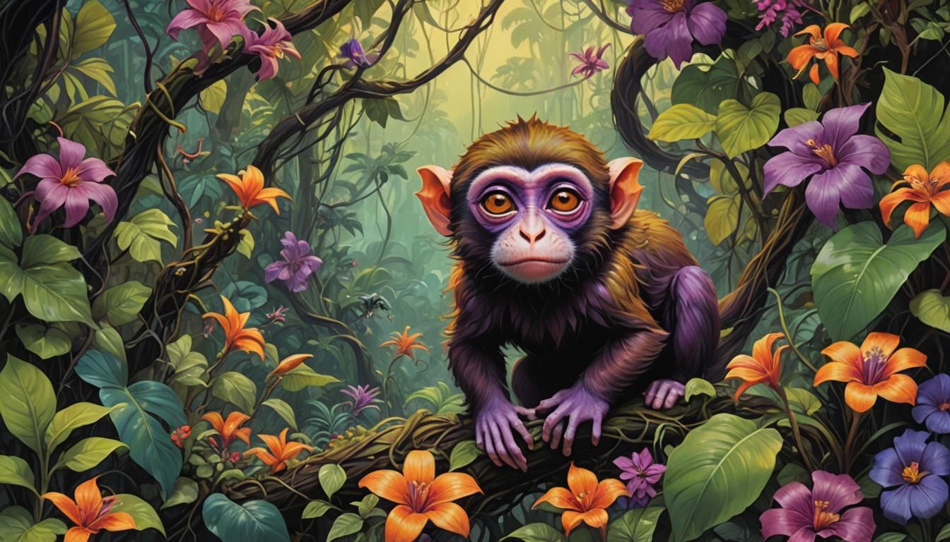 Coco the Monkey in a Lush Surreal Jungle