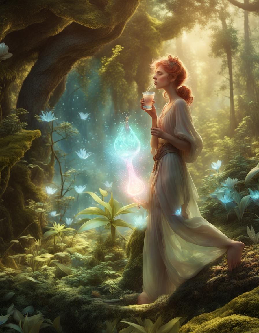 Pixie Sipping Lily Water in Magical Forest