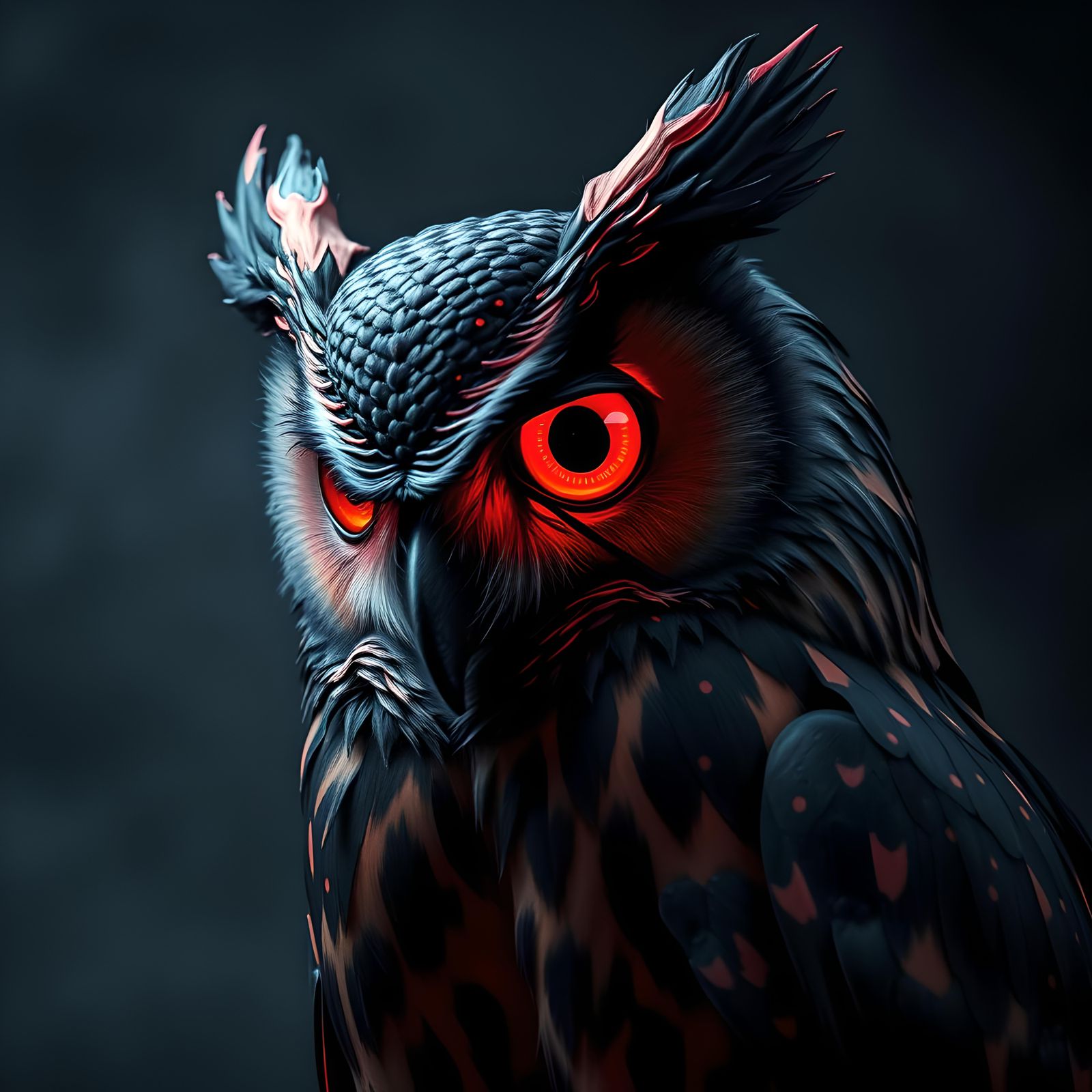 Sinister Red and Black Owl in Precisionist Style