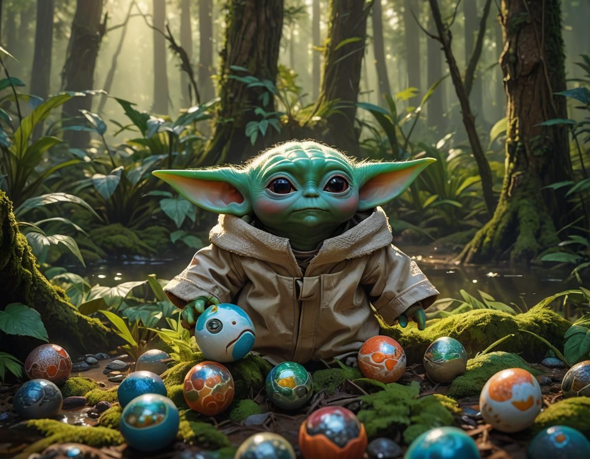 Hyperrealistic Baby Yoda's Easter Egg Hunt