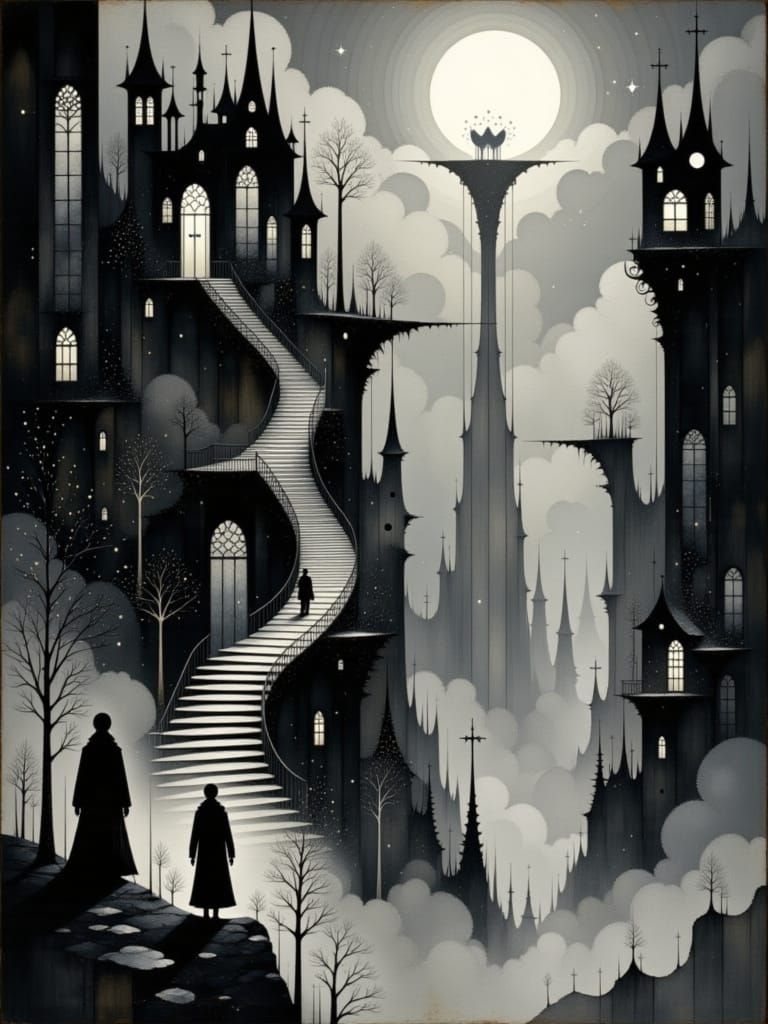Surrealist Escher-Inspired Dreamscape in High-Contrast Black...