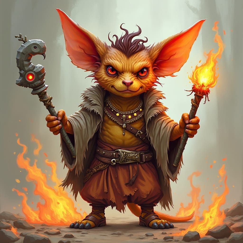 Confident Kobold Pyromancer in Whimsical Fantasy Style