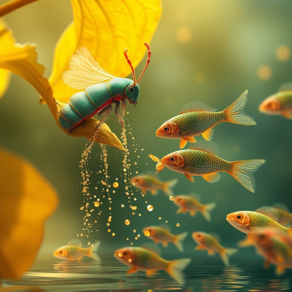 Iridescent Silkworm Feast in Dreamlike Landscape