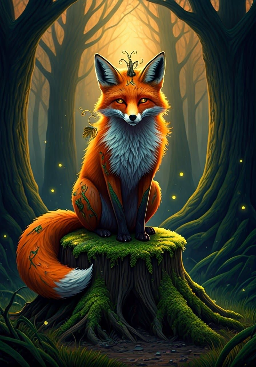 Mystical Jack-o'-Lantern Fox in Enchanted Forest