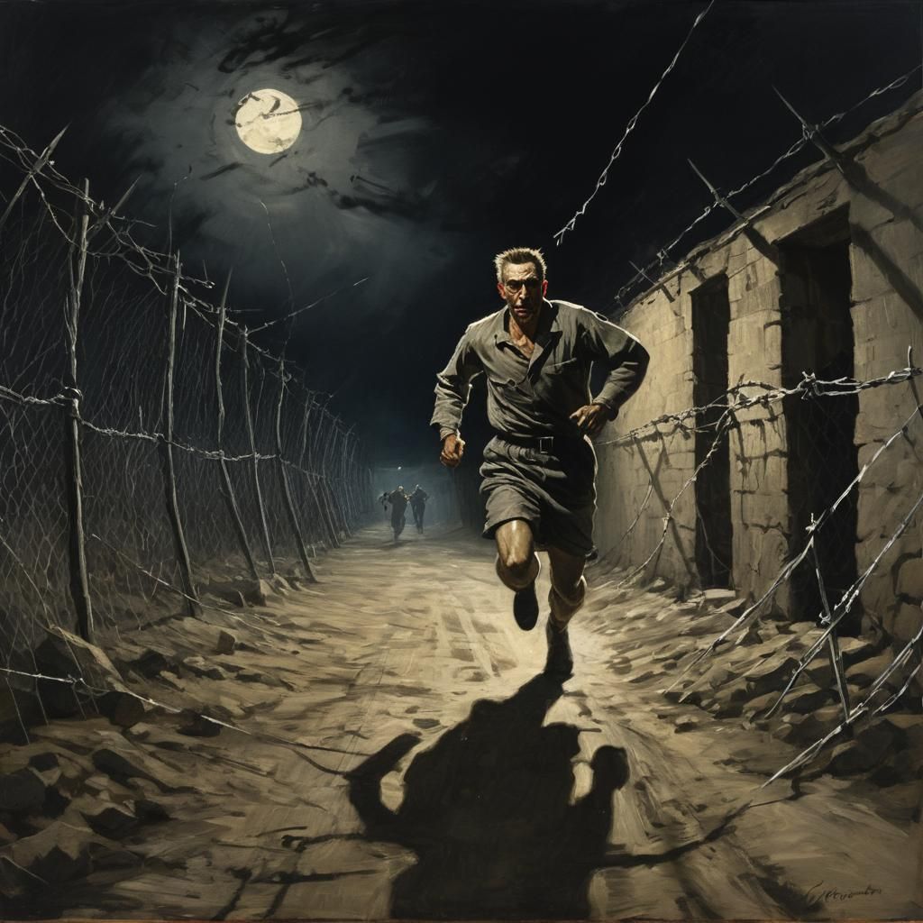 Prisoner's Night Escape: Epic Military Oil Painting