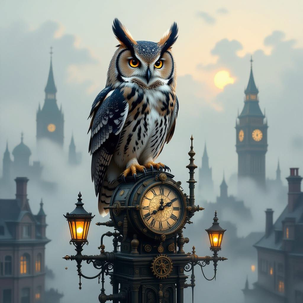Steampunk Owl on Clockwork Spire in Foggy Victorian City