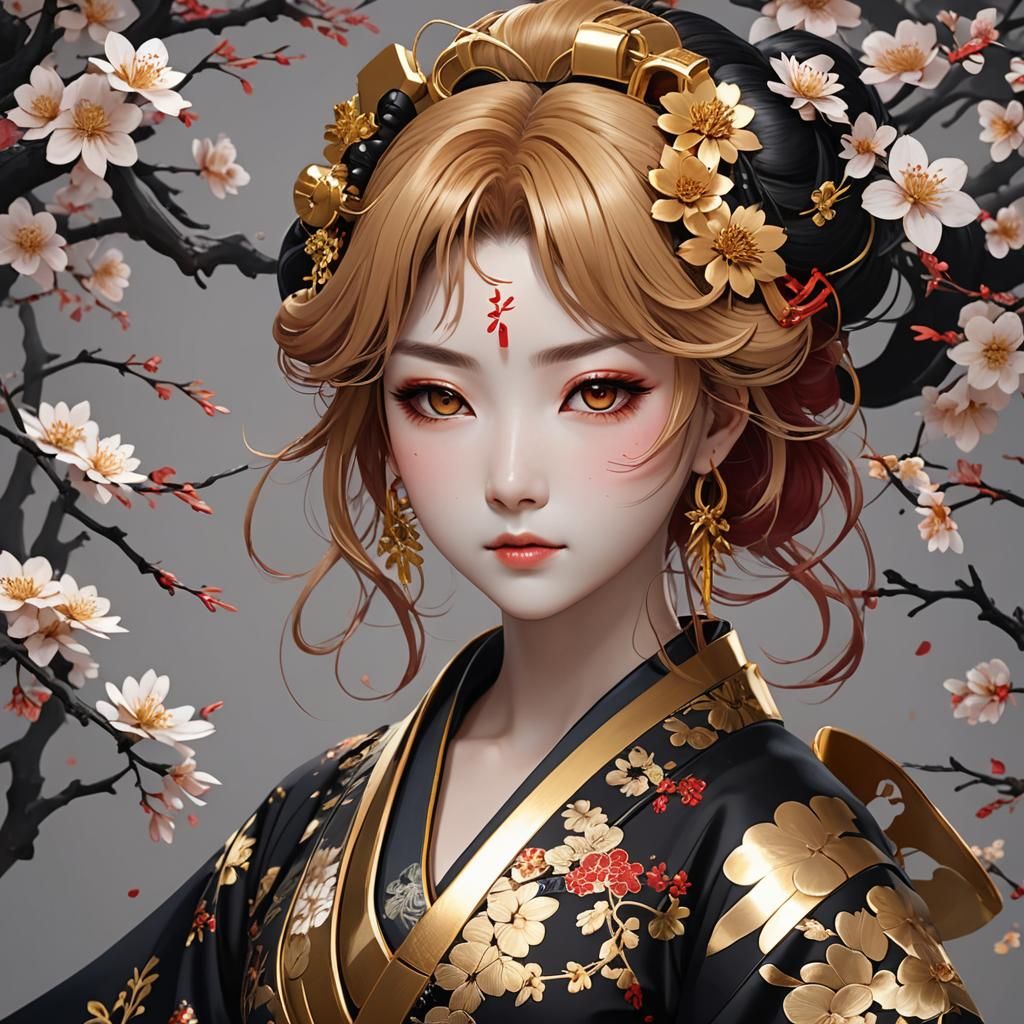 Elegant Anime Geisha in Golden Kimono, 3D Render