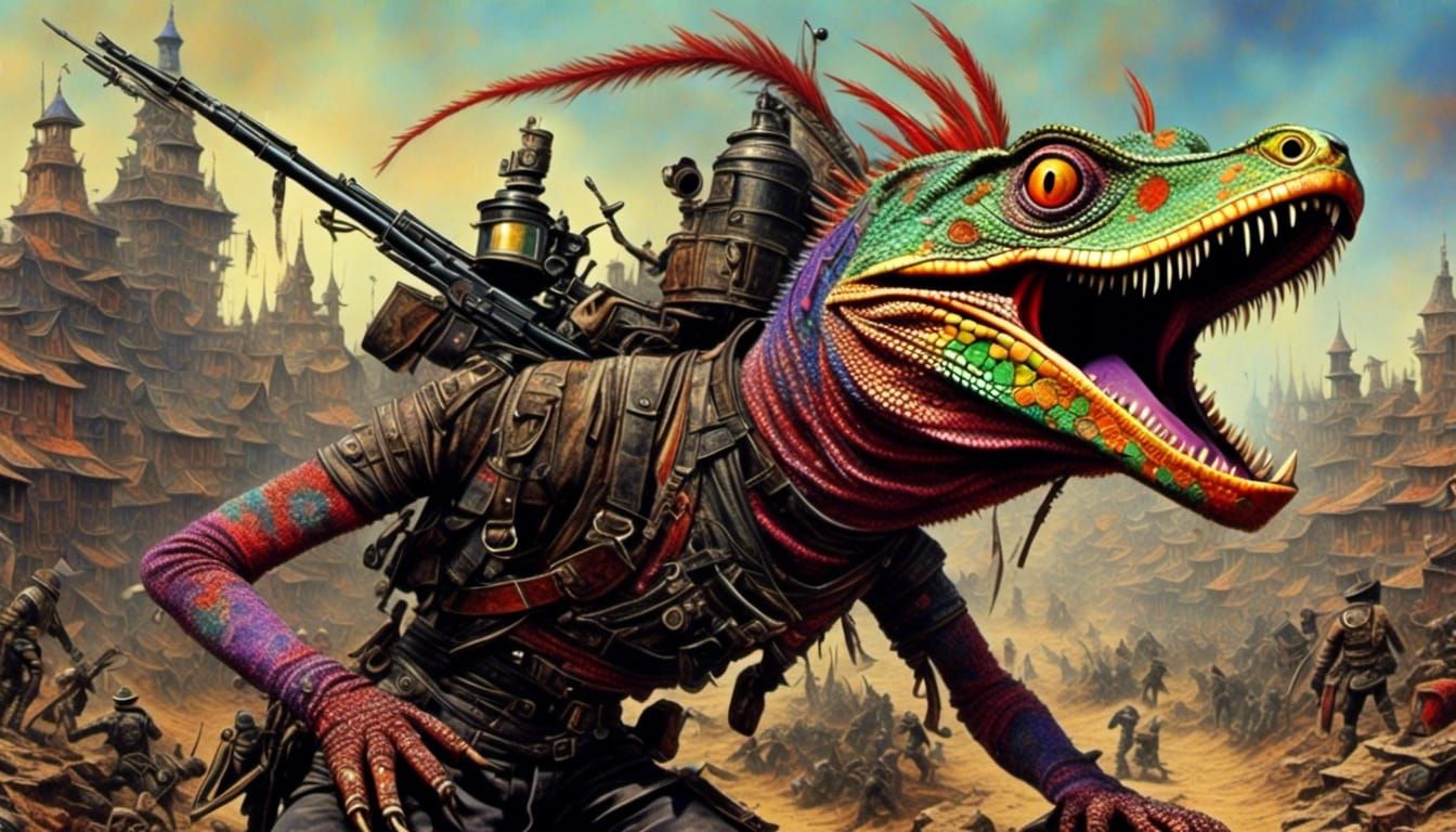 Lizard Mercenary in Surreal Battle, 3D Shading