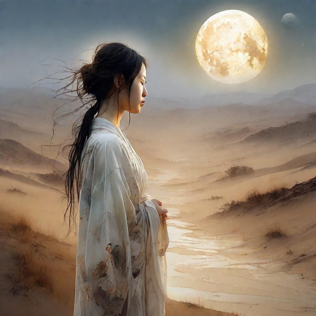 Desert Oasis with Japanese Woman in Golden Light