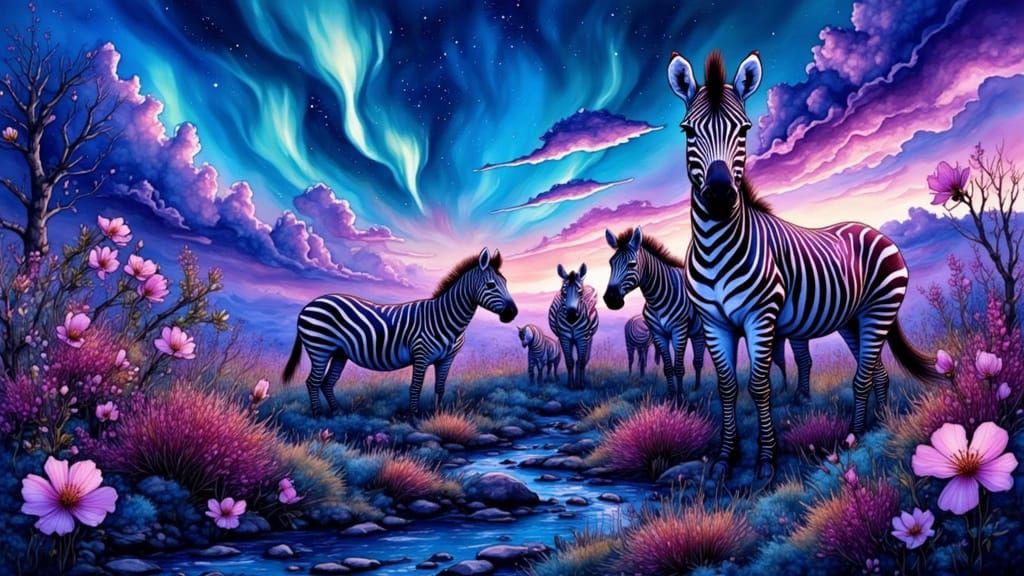 Zebras in Neon Splendor beneath Aurora Borealis