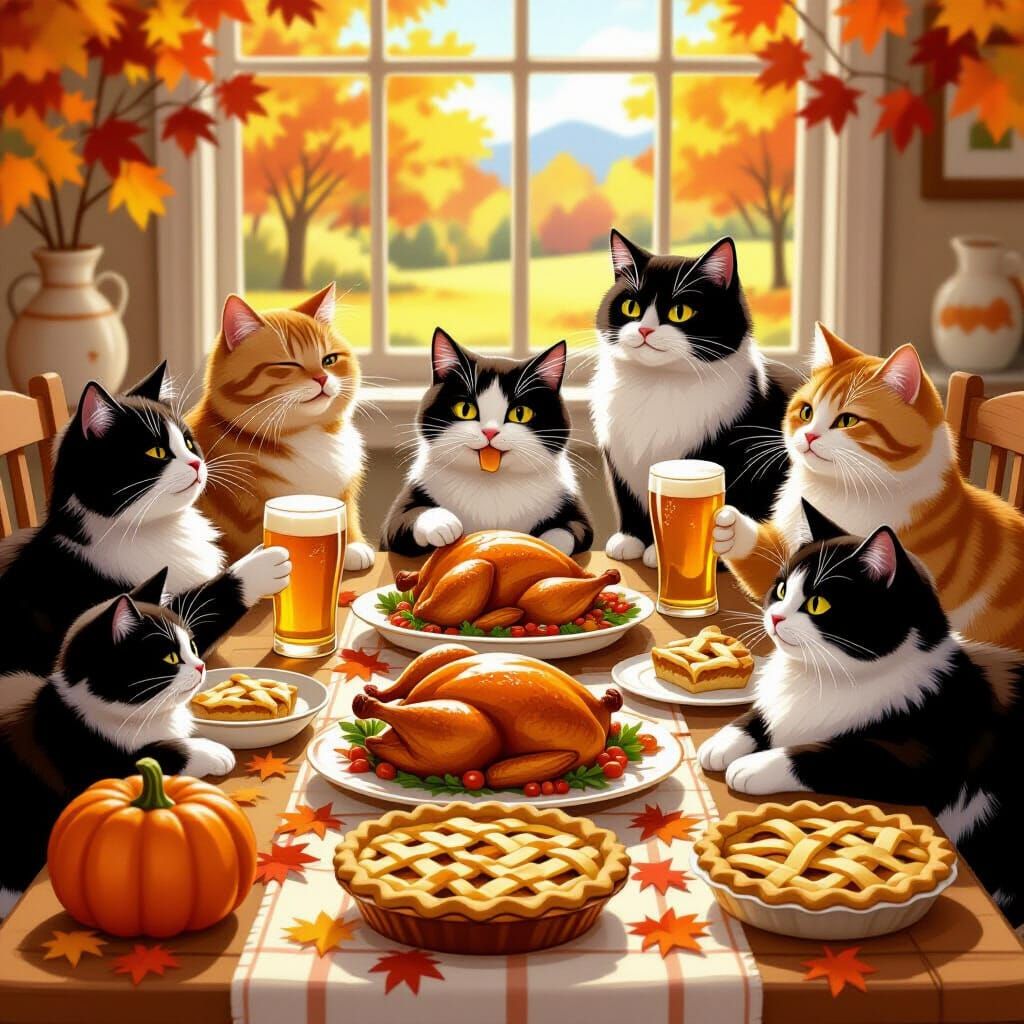 Cats Enjoying Thanksgiving Feast and Baking Pies