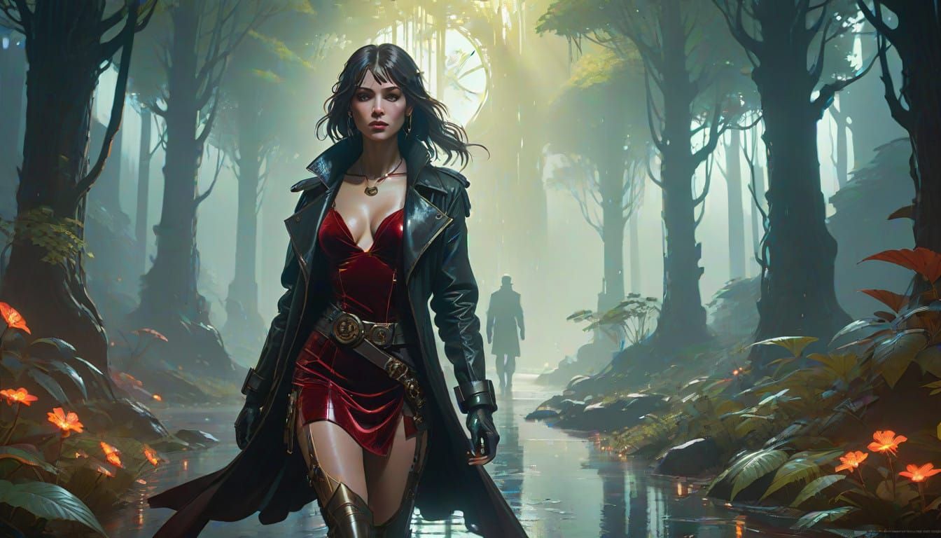 Determined Huntress in Dark Red Attire, Cyberpunk Neon Accen...