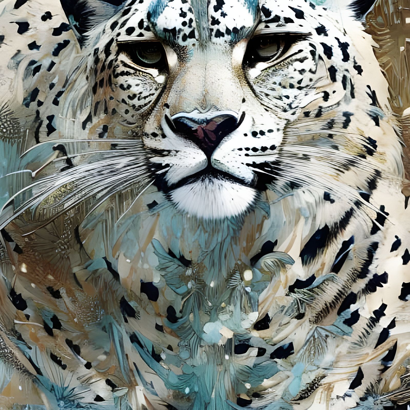 White Leopard Portrait in Snow with Bronze Outlines
