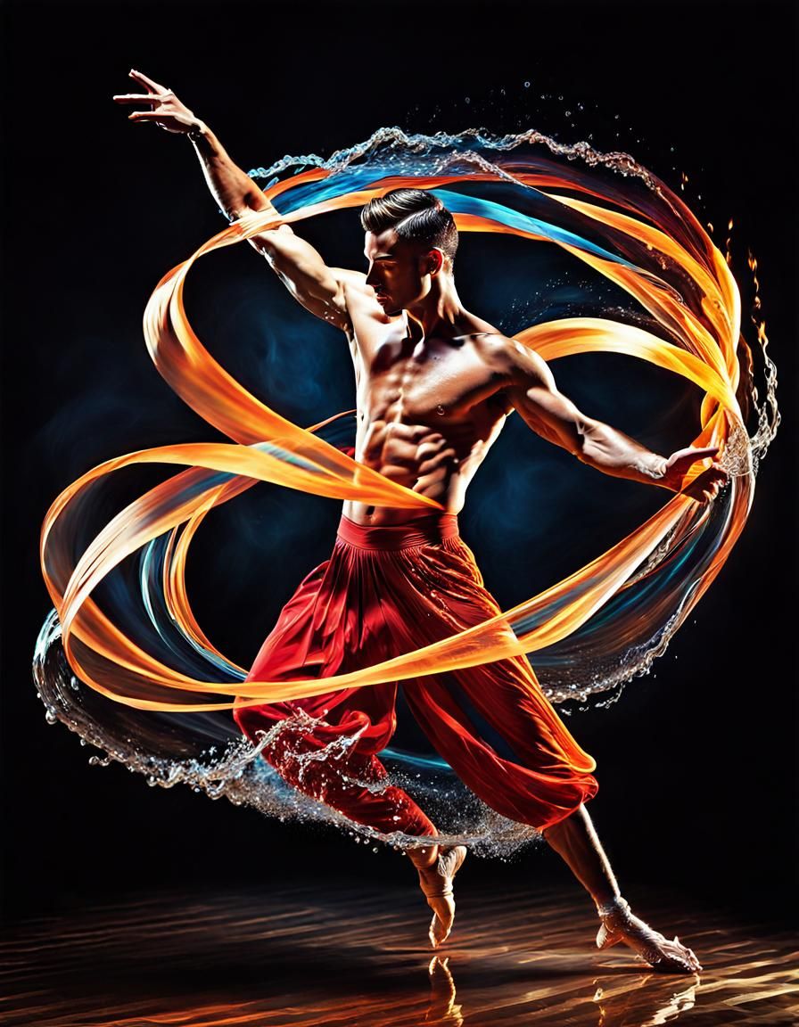 Expressive Dancer Twirling Fire and Water Ribbons