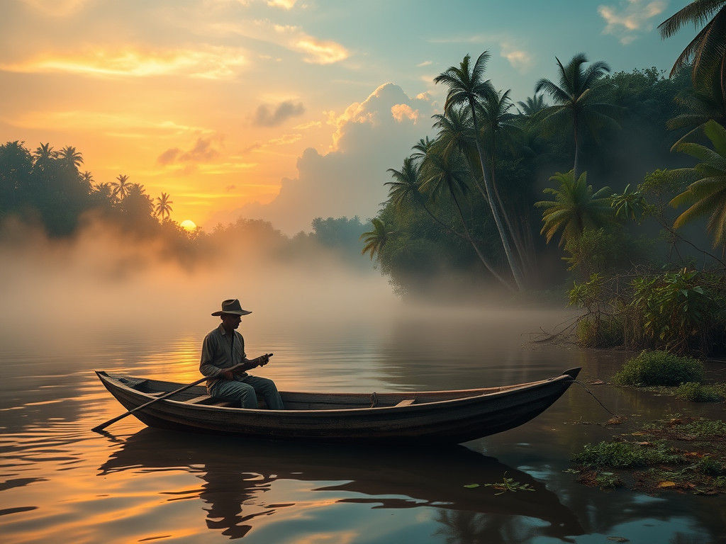 Romantic Tropical Sunset Scene with Lone Fisherman in Wood B...